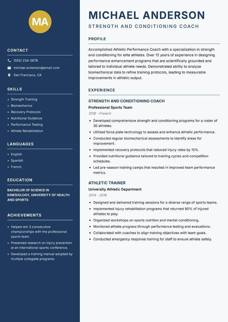 Athletic Performance Coach resume sample — Strength and Conditioning Coach focus