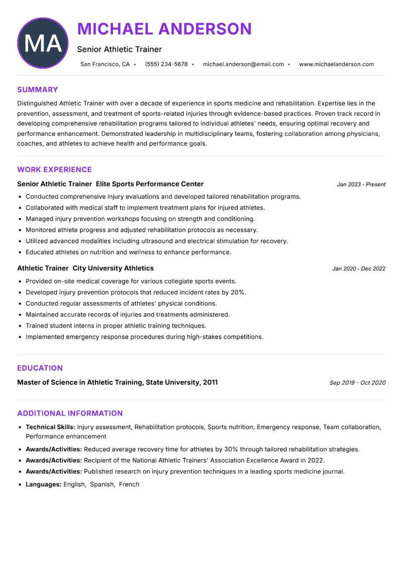 Athletic Trainer resume example