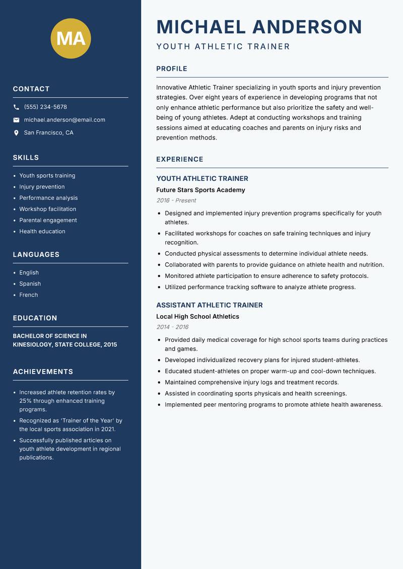 Athletic Trainer resume sample — Youth Athletic Trainer focus