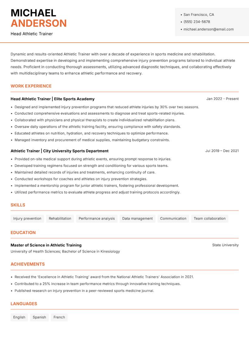 Athletic Trainer resume sample — Head Athletic Trainer focus
