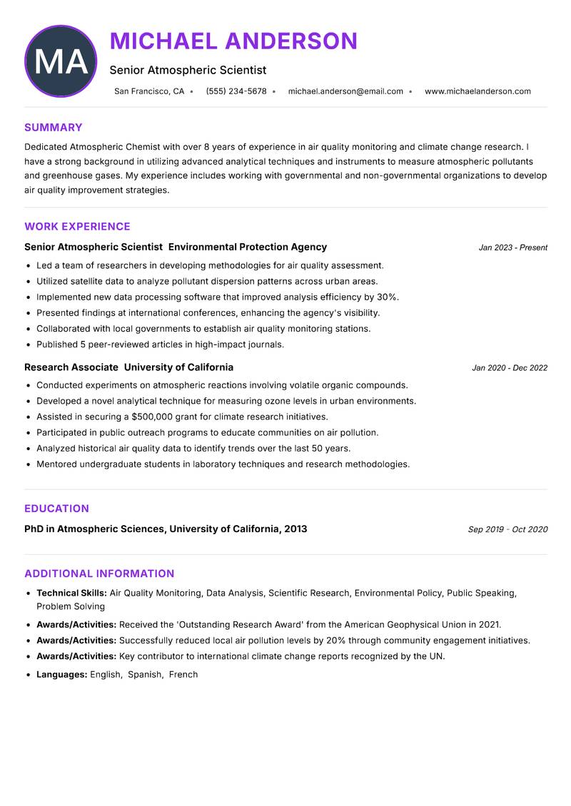 Atmospheric Chemist resume example