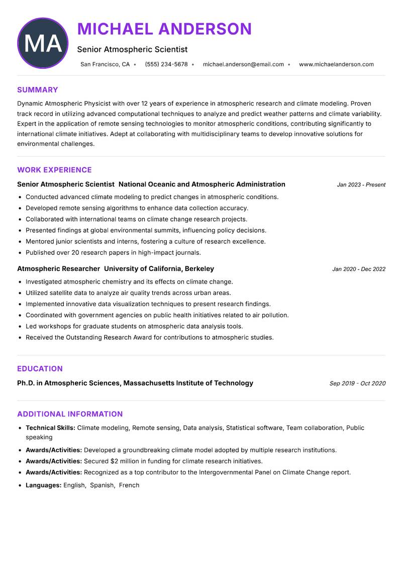 Atmospheric Physicist resume example
