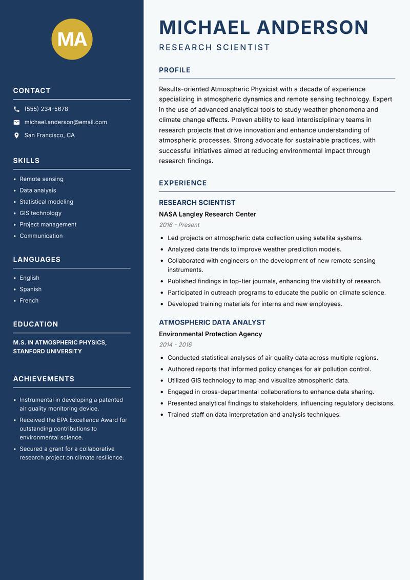 Atmospheric Physicist resume sample — Research Scientist focus