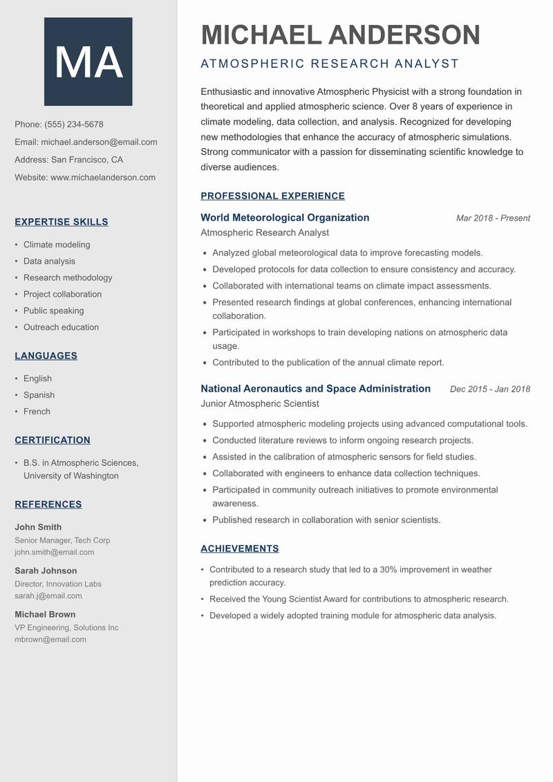 Atmospheric Physicist resume sample — Atmospheric Research Analyst focus