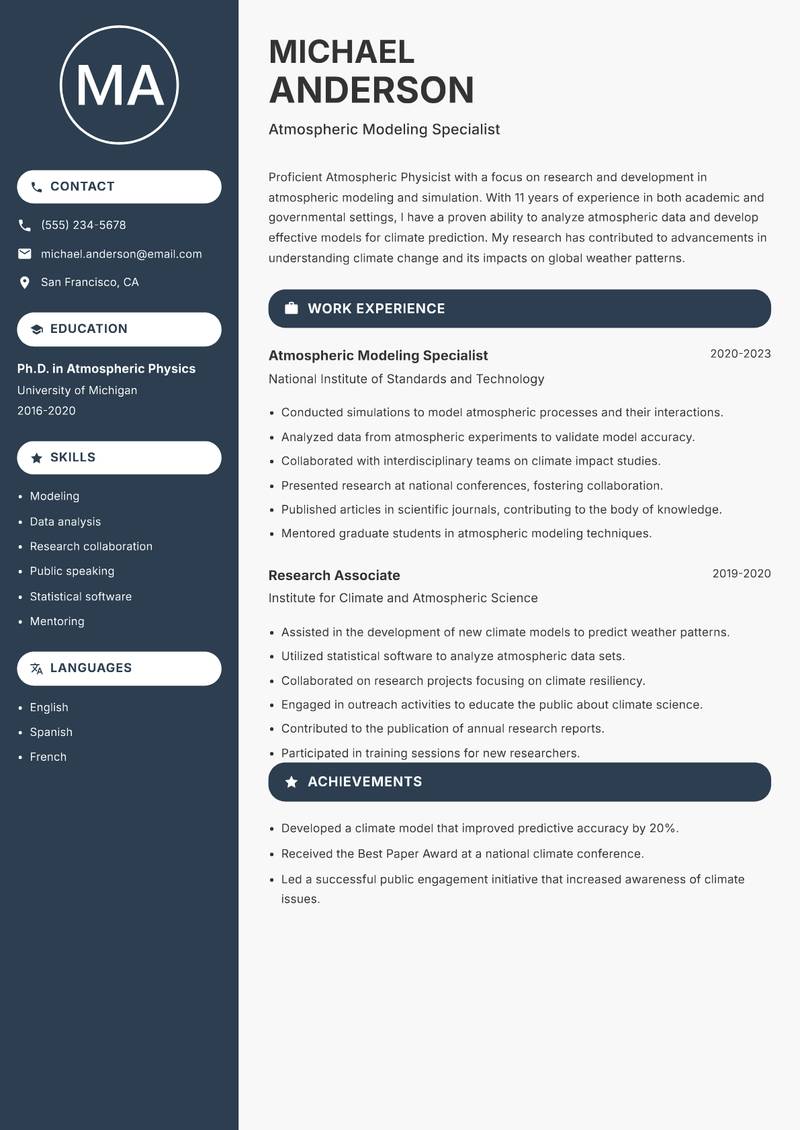Atmospheric Physicist resume sample — Atmospheric Modeling Specialist focus