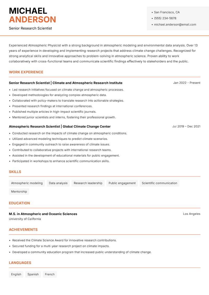 Atmospheric Physicist resume sample — Senior Research Scientist focus