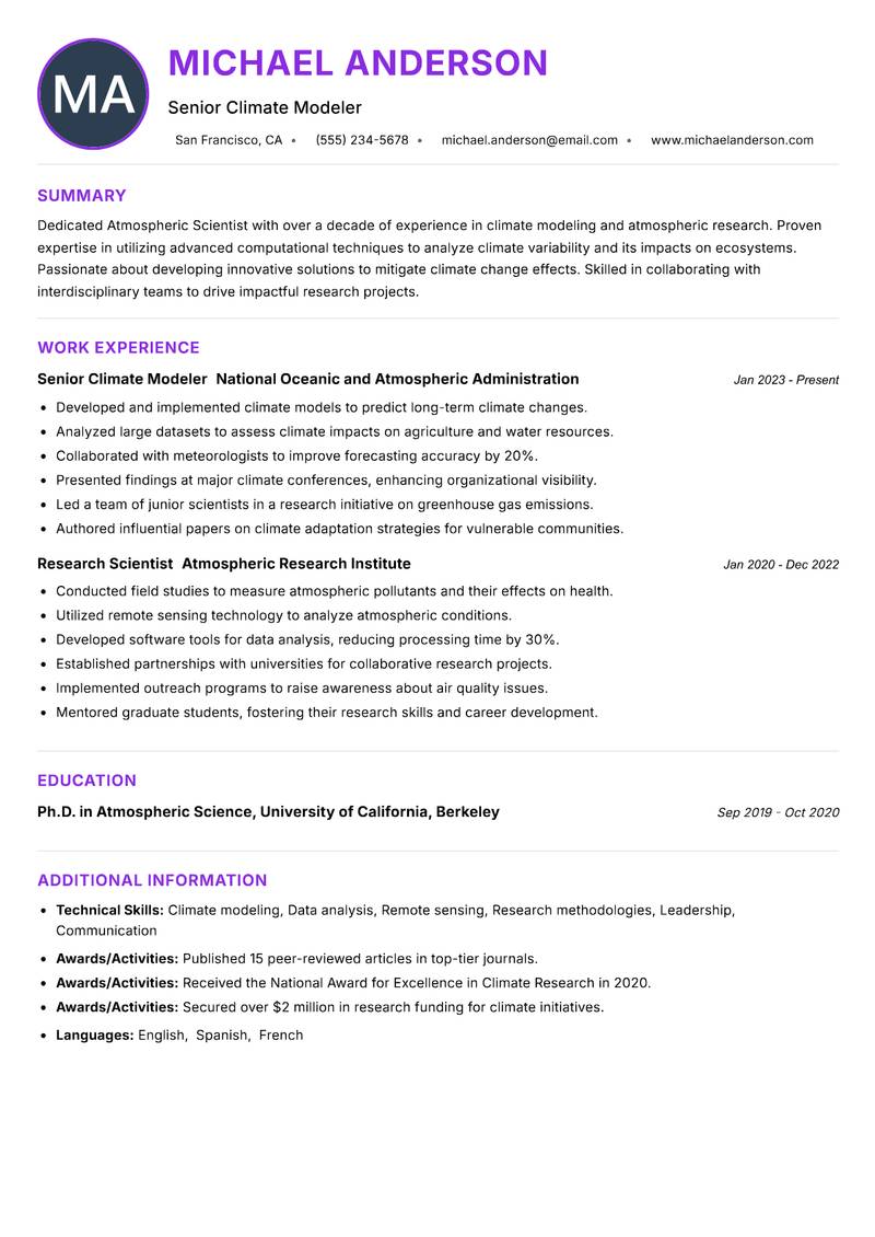 Atmospheric Scientist resume example
