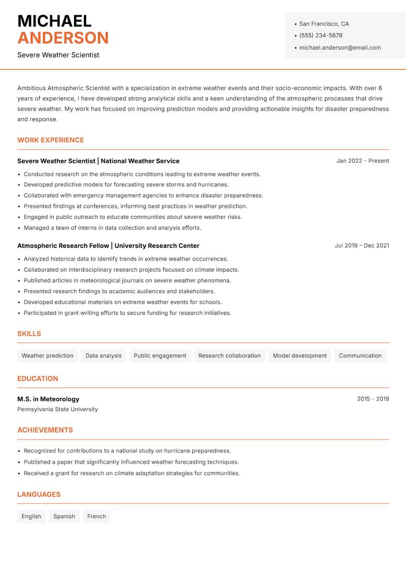 Atmospheric Scientist resume sample — Severe Weather Scientist focus