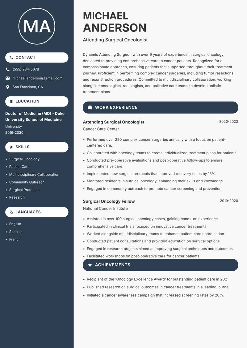 Attending Surgeon resume sample — Attending Surgical Oncologist focus