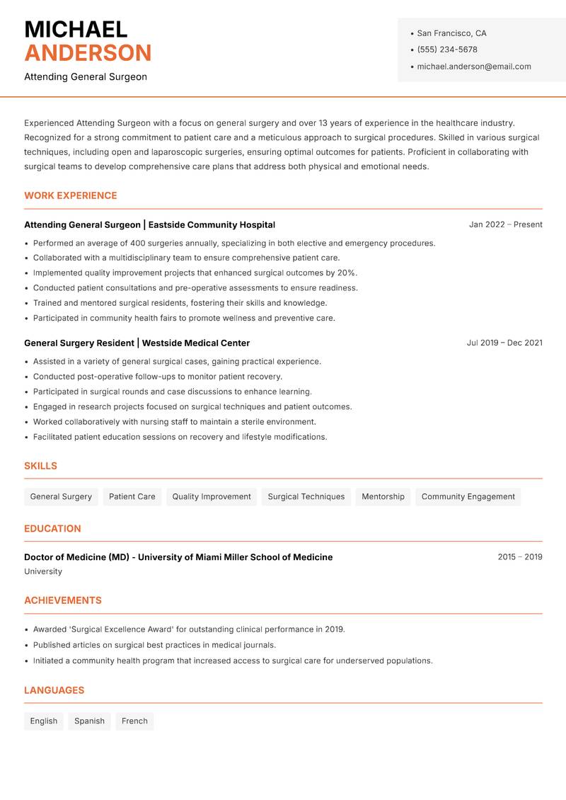 Attending Surgeon resume sample — Attending General Surgeon focus