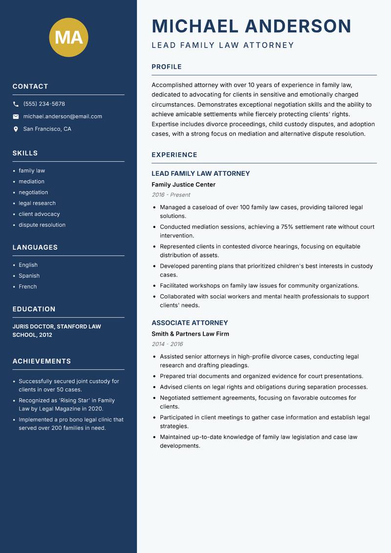 Attorney resume sample — Lead Family Law Attorney focus