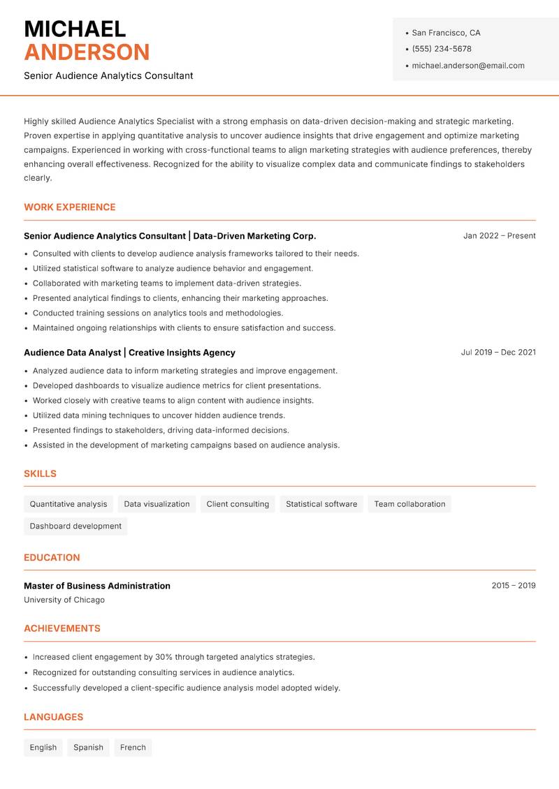 Audience Analytics Specialist resume sample — Senior Audience Analytics Consultant focus