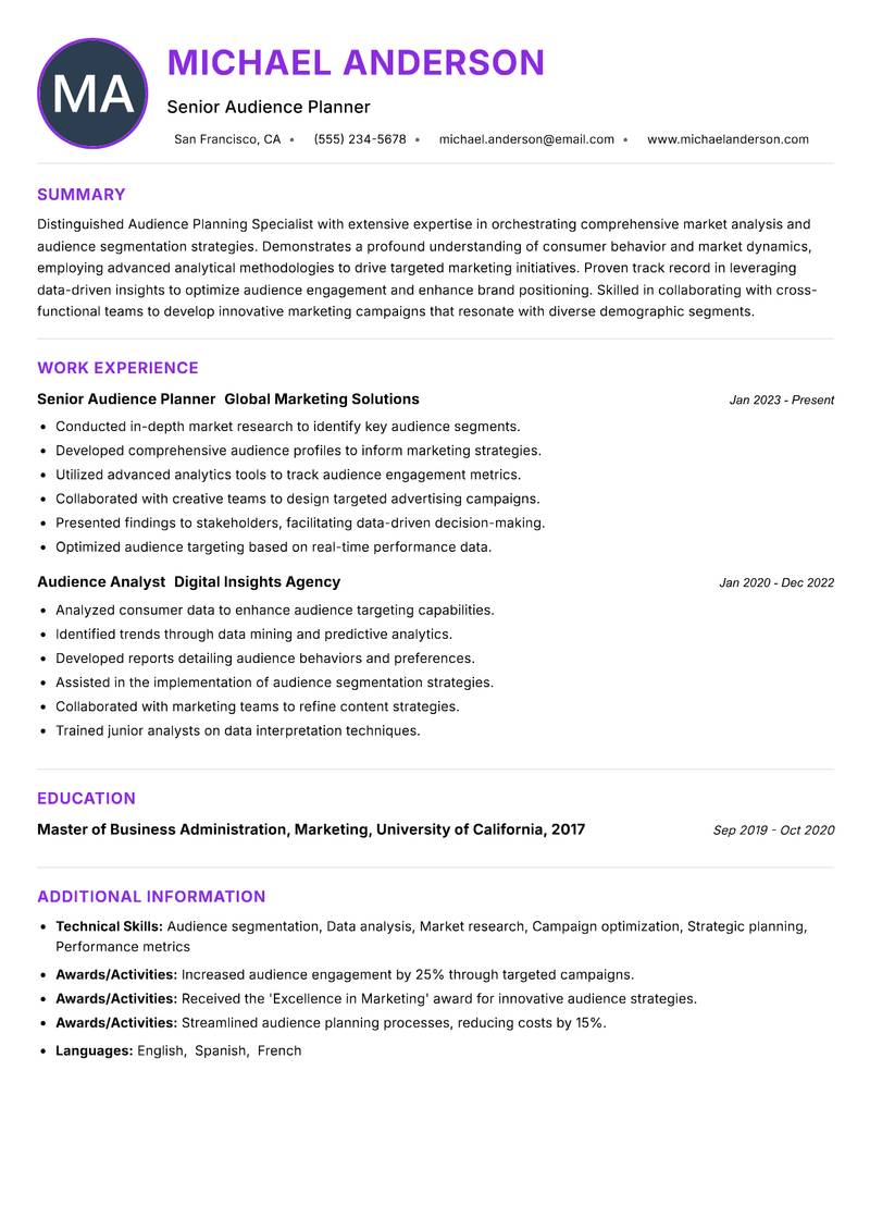 Audience Planning Specialist resume example — Media Planning
