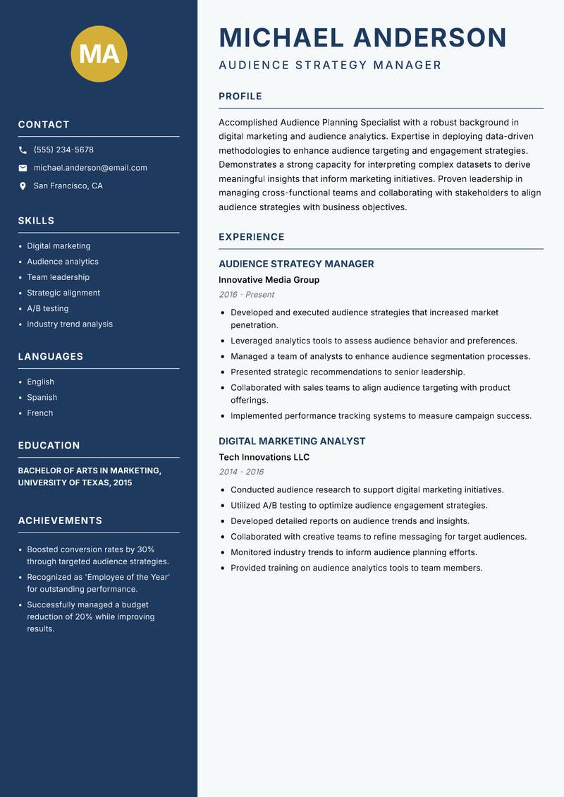 Audience Planning Specialist resume sample — Audience Strategy Manager focus