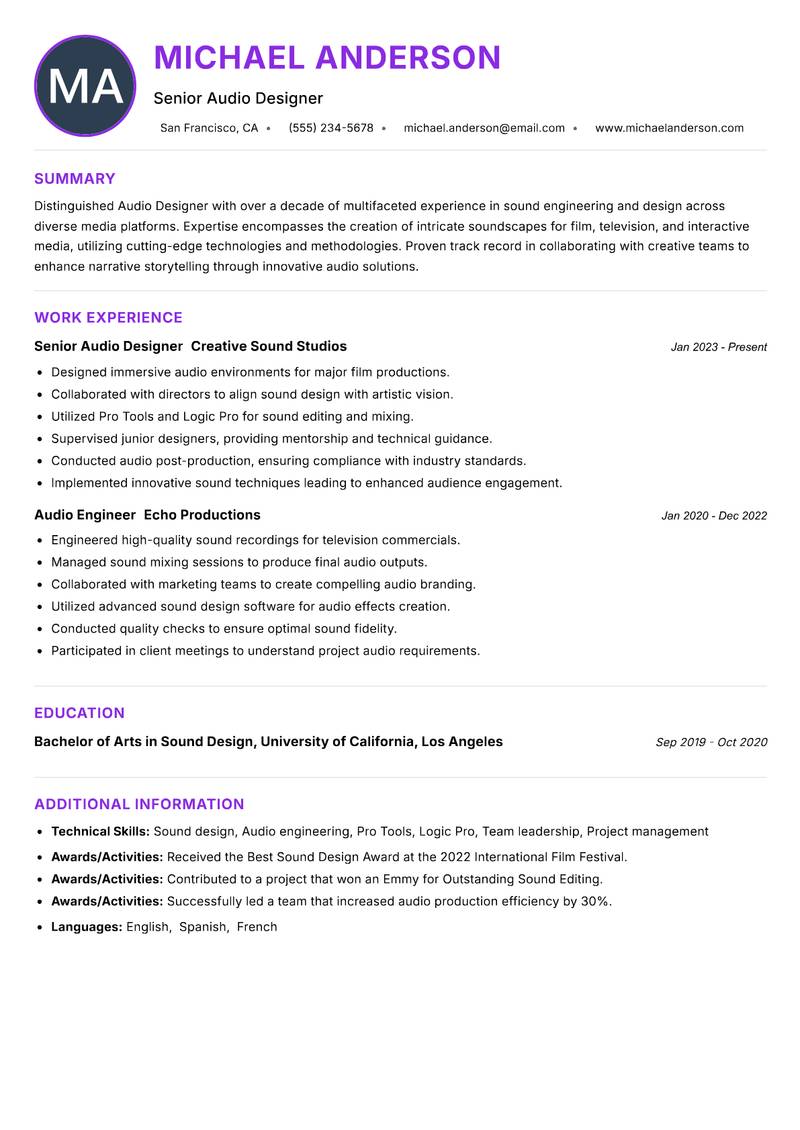 Audio Designer resume example — Music & Sound