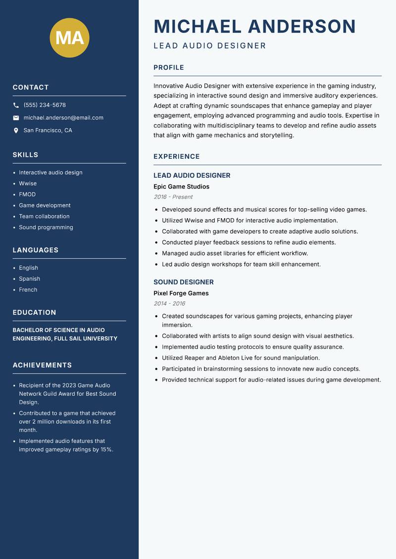 Audio Designer resume sample — Lead Audio Designer focus