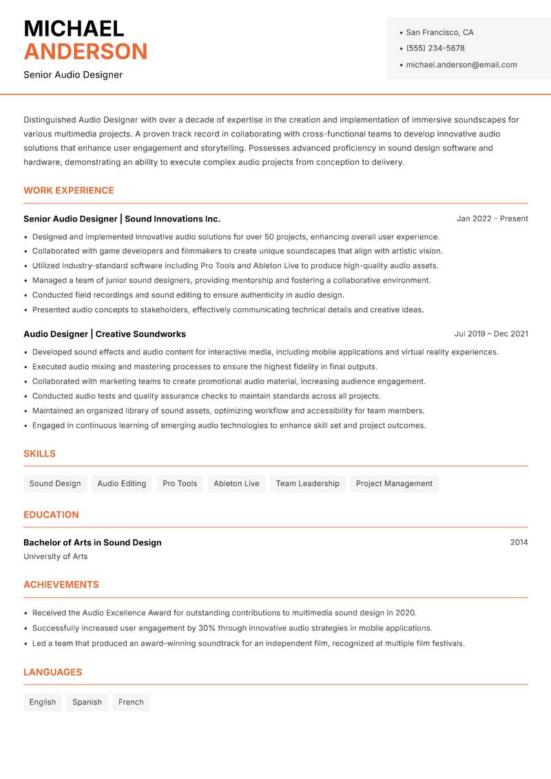Audio Designer resume sample — Senior Audio Designer focus
