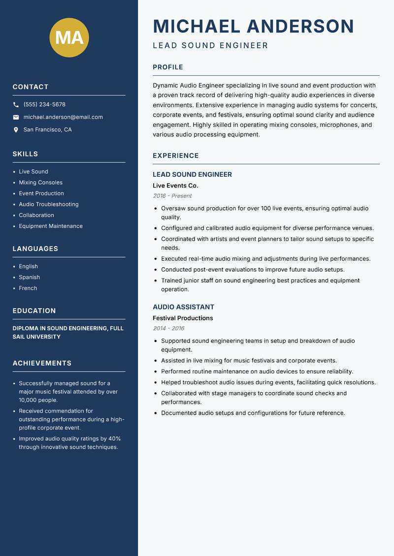 Audio Engineer resume sample — Lead Sound Engineer focus