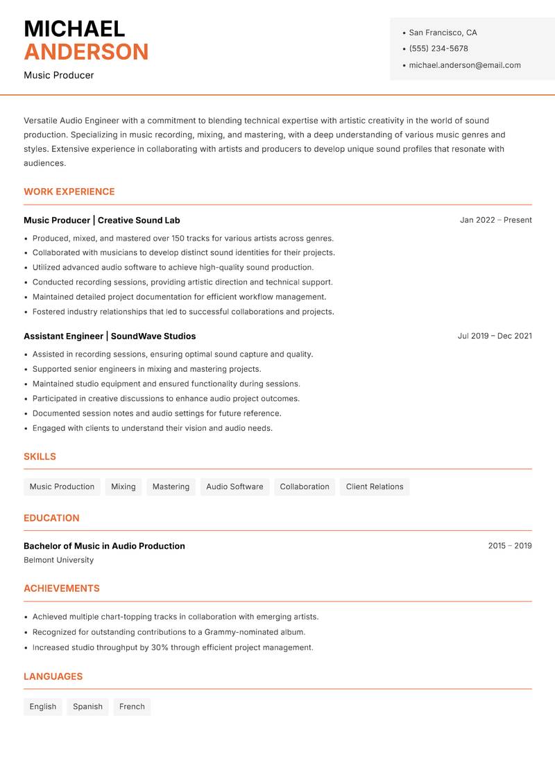 Audio Engineer resume sample — Music Producer focus