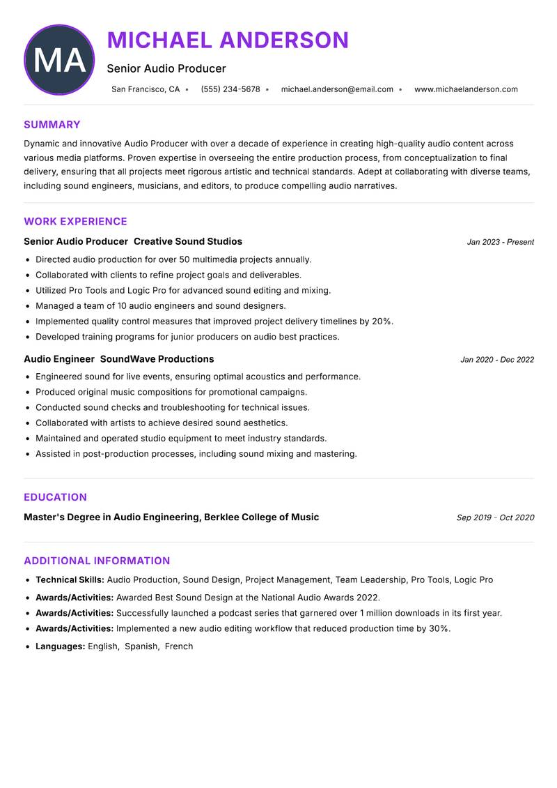 Audio Producer resume example