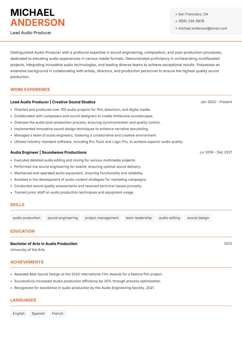 Audio Producer resume sample — Lead Audio Producer focus