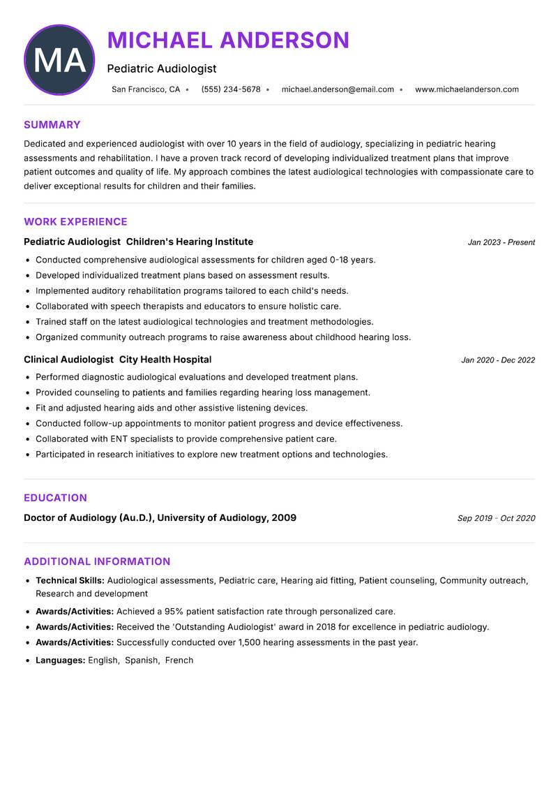 Audiologist resume example