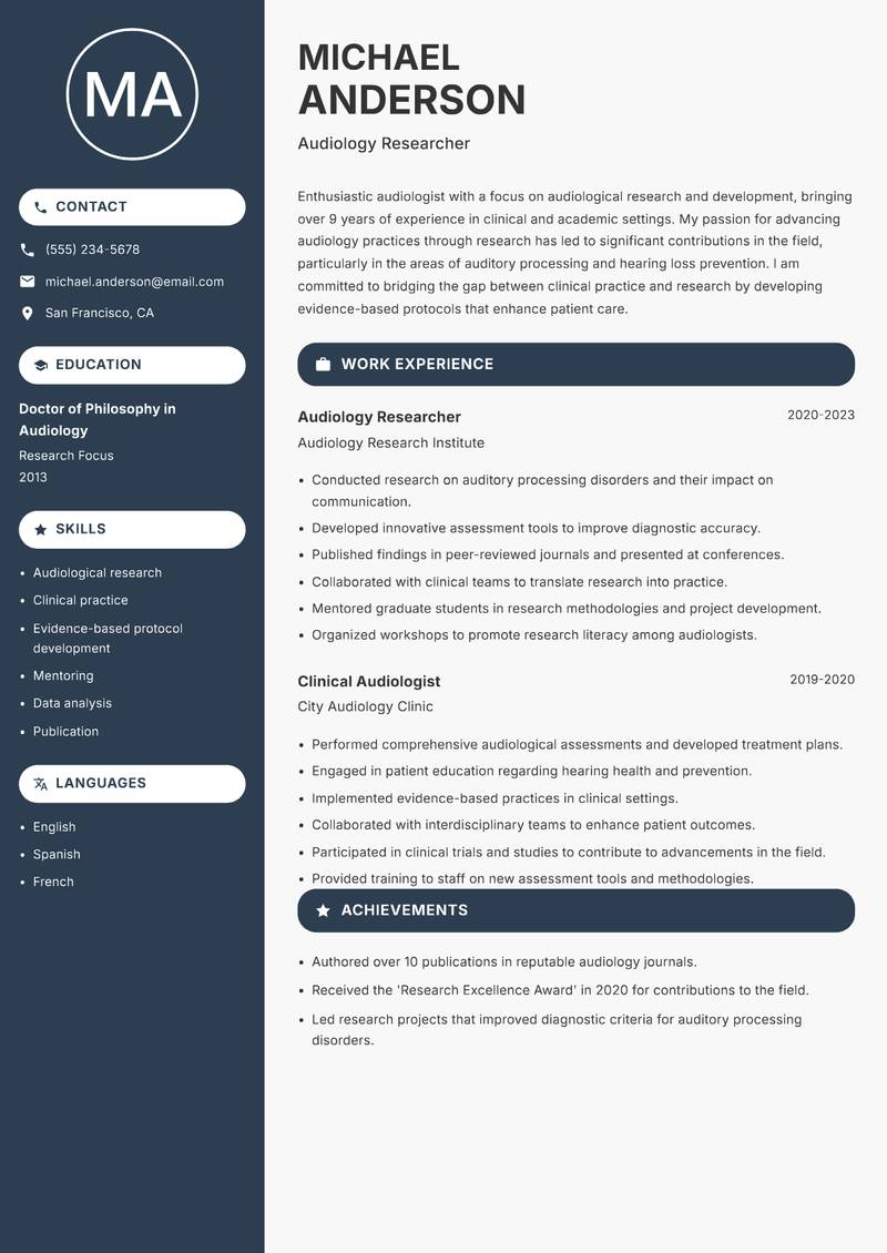 Audiologist resume sample — Audiology Researcher focus