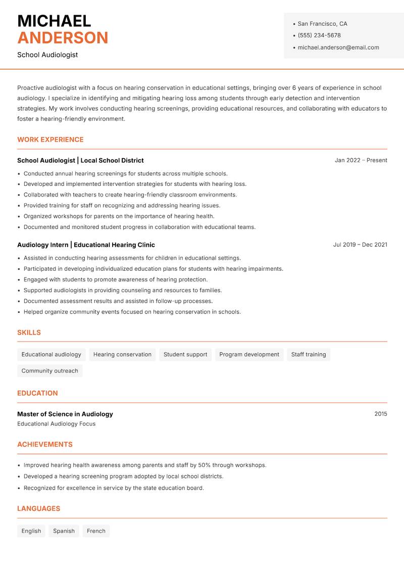 Audiologist resume sample — School Audiologist focus