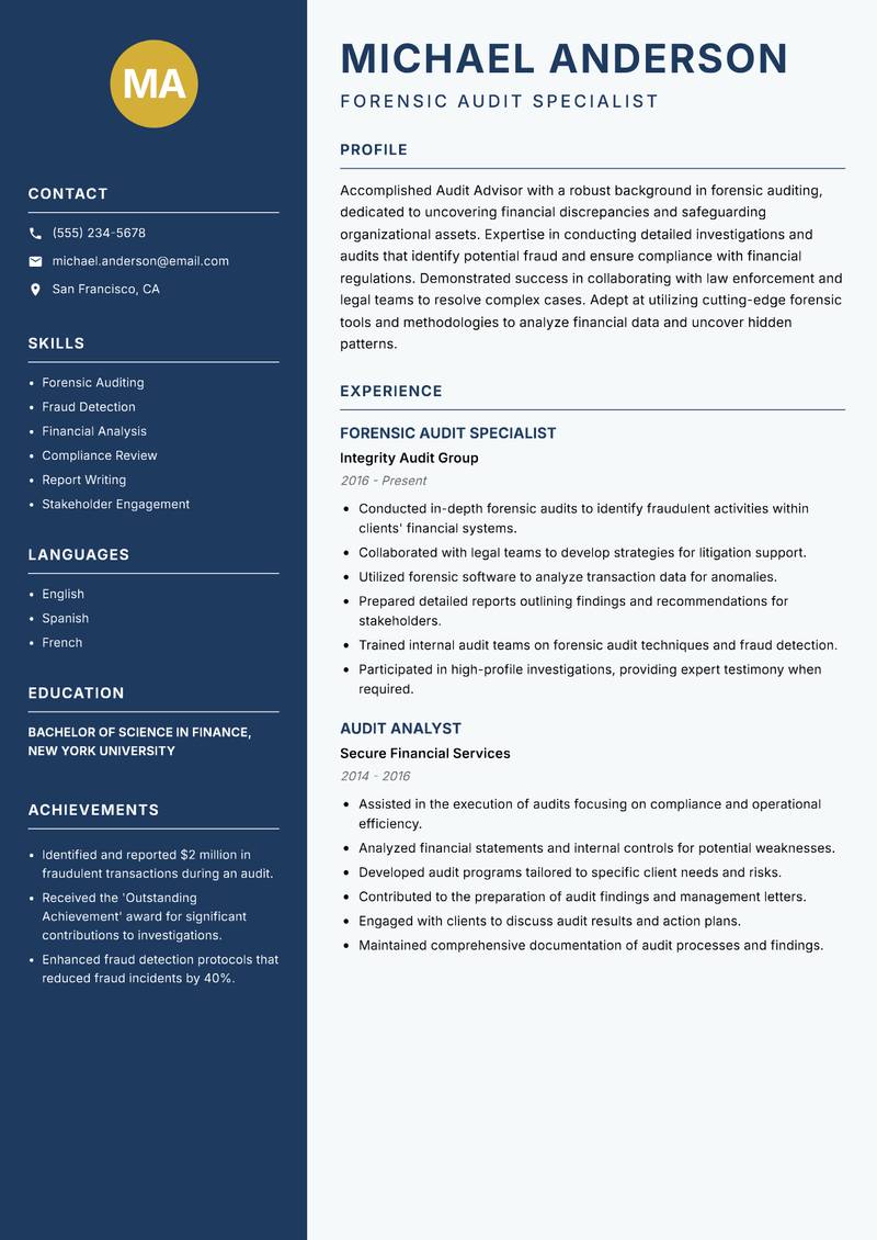 Audit Advisor resume sample — Forensic Audit Specialist focus