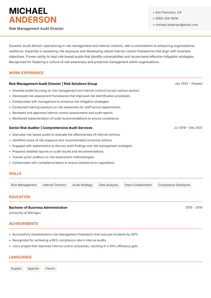 Audit Advisor resume sample — Risk Management Audit Director focus