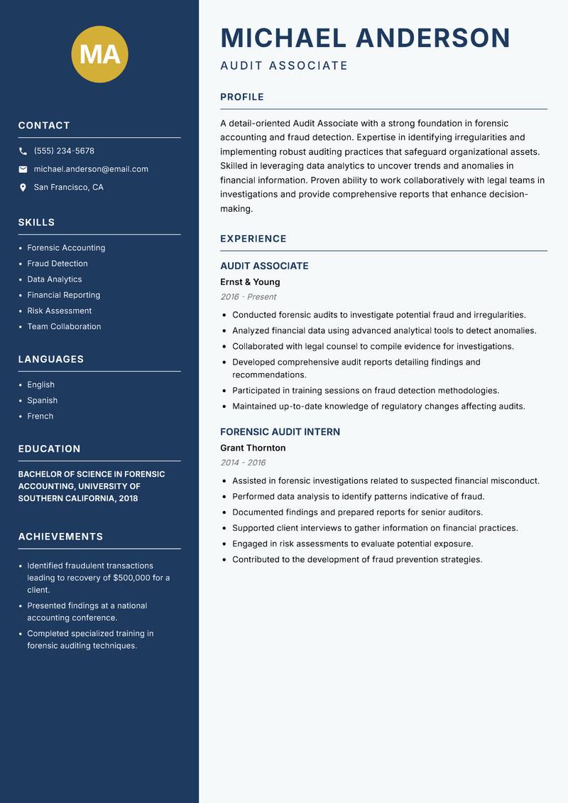 Audit Associate resume sample — Audit Associate focus