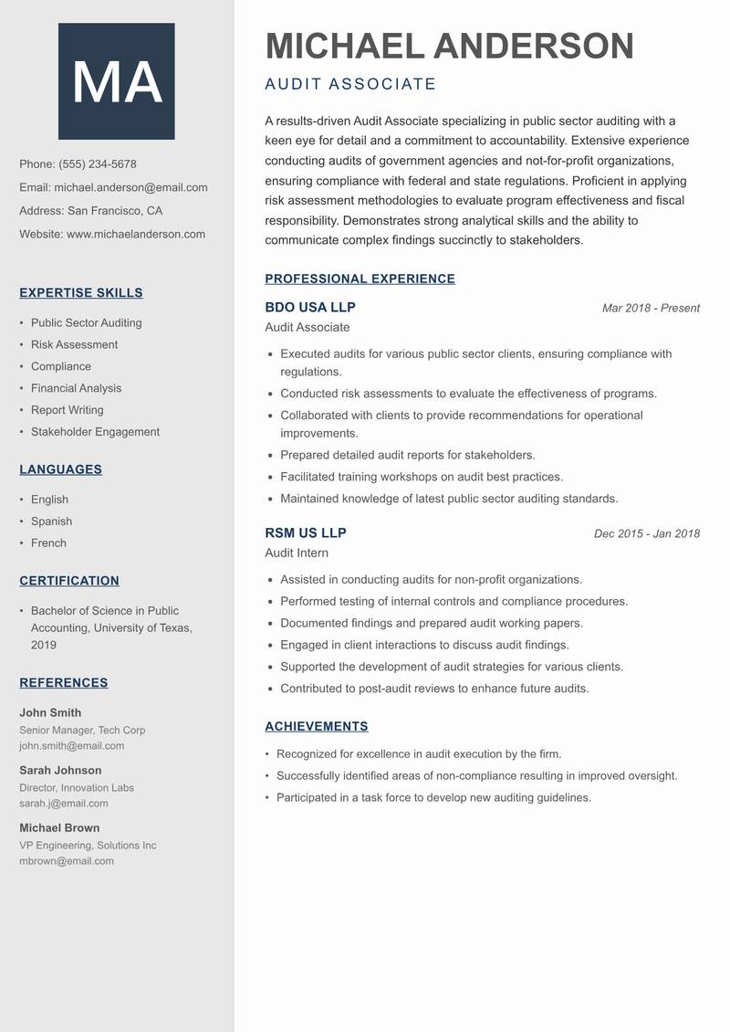 Audit Associate resume sample — Audit Associate focus