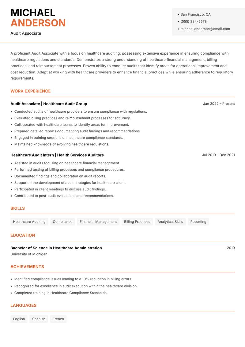 Audit Associate resume sample — Audit Associate focus