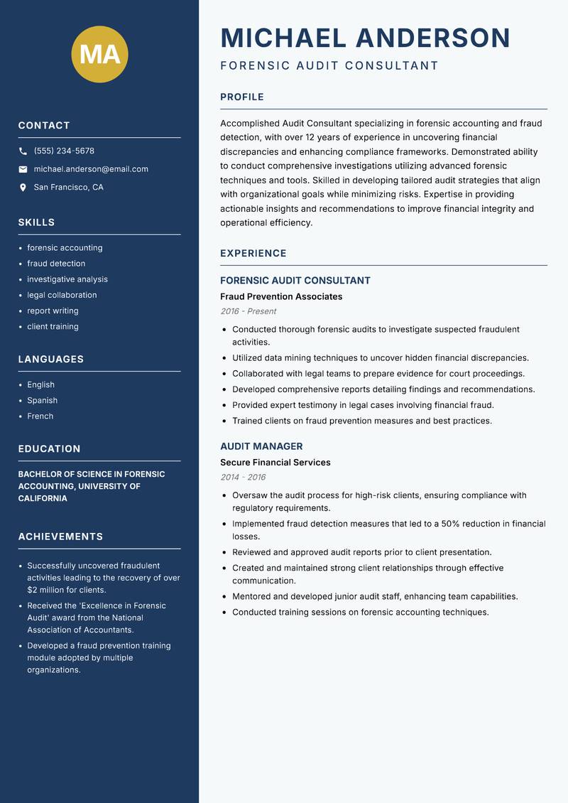 Audit Consultant resume sample — Forensic Audit Consultant focus