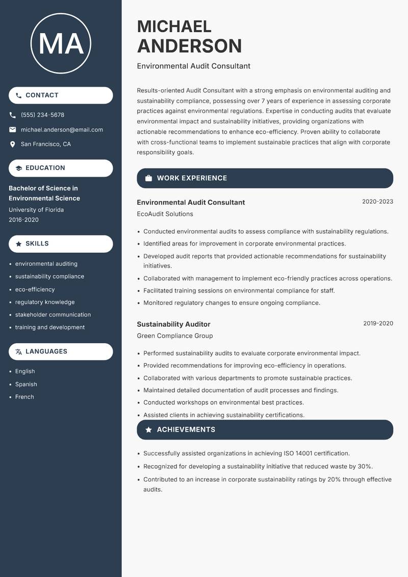 Audit Consultant resume sample — Environmental Audit Consultant focus