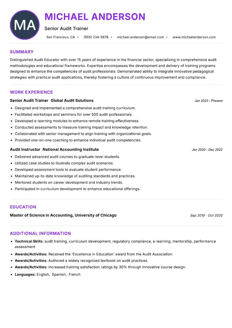 Audit Educator resume example