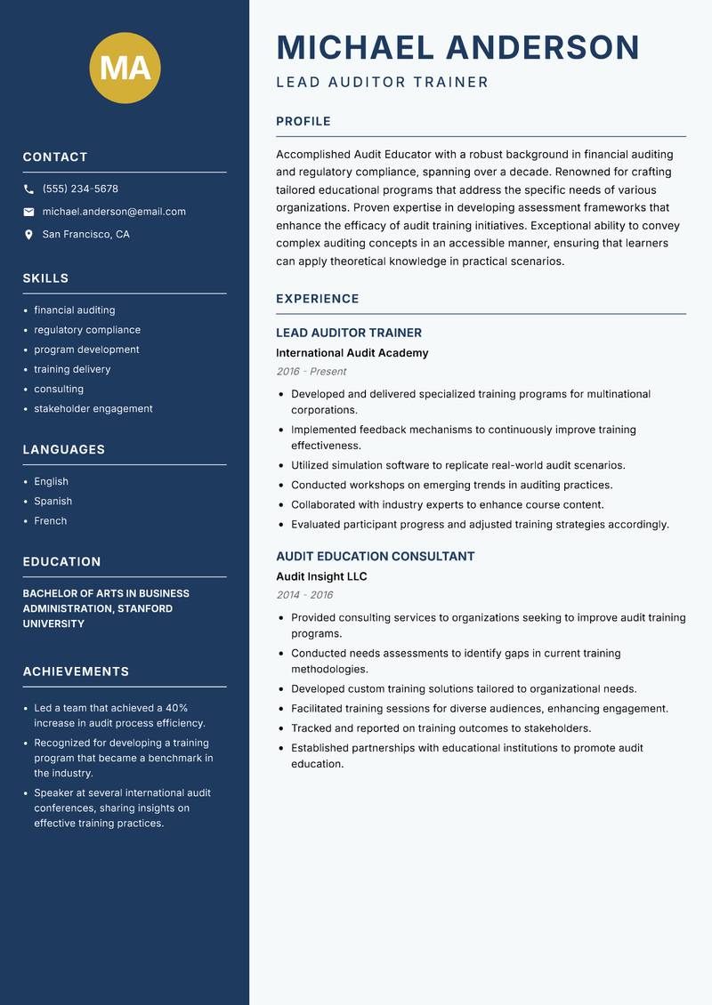 Audit Educator resume sample — Lead Auditor Trainer focus