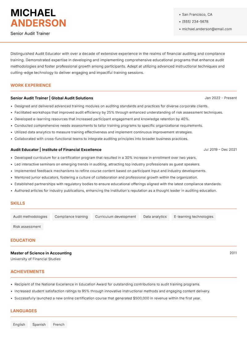 Audit Educator resume sample — Senior Audit Trainer focus