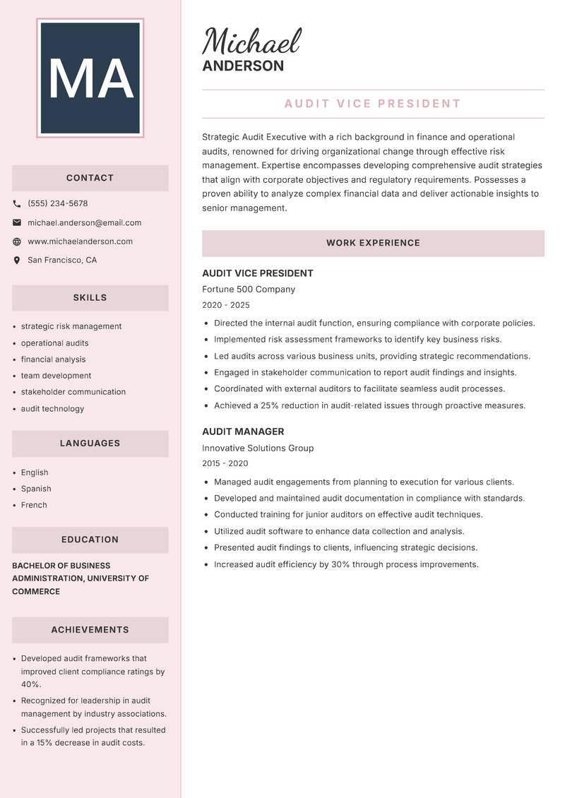 Audit Executive resume sample — Audit Vice President focus