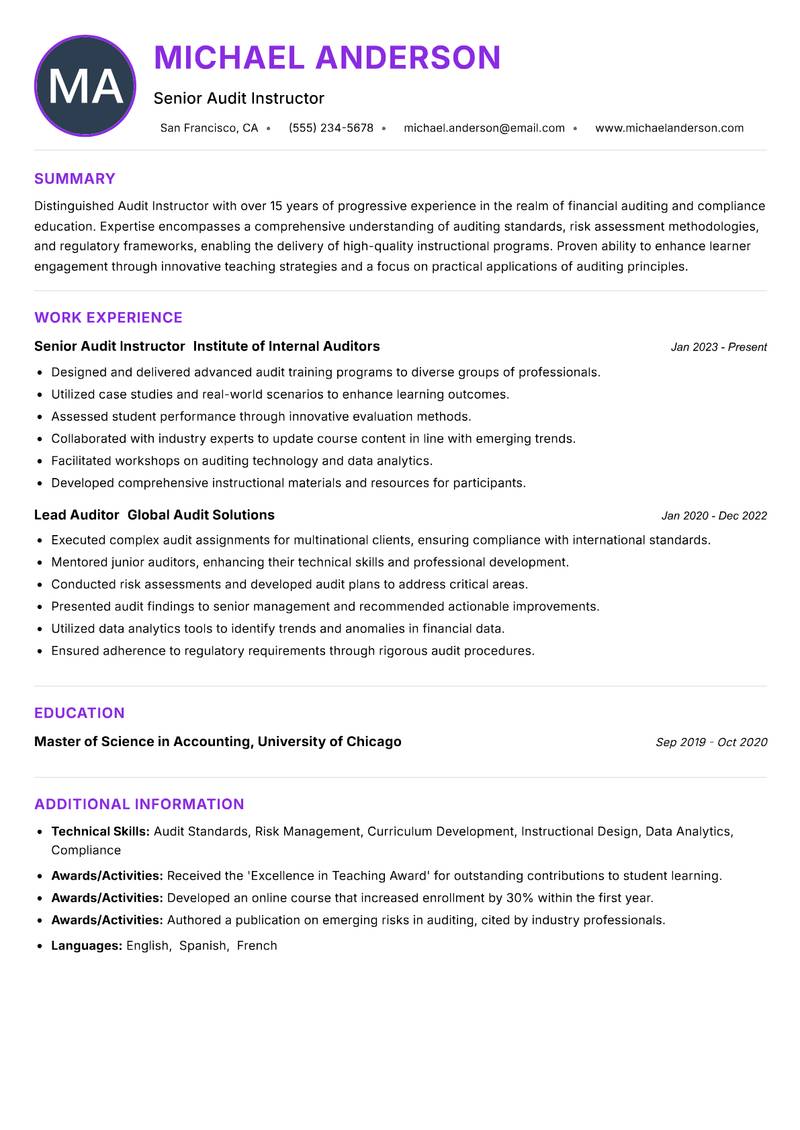 Audit Instructor resume example