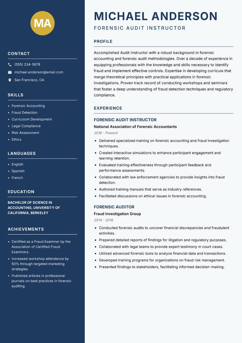 Audit Instructor resume sample — Forensic Audit Instructor focus