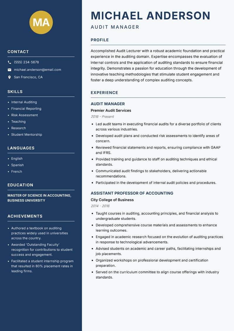 Audit Lecturer resume sample — Audit Manager focus