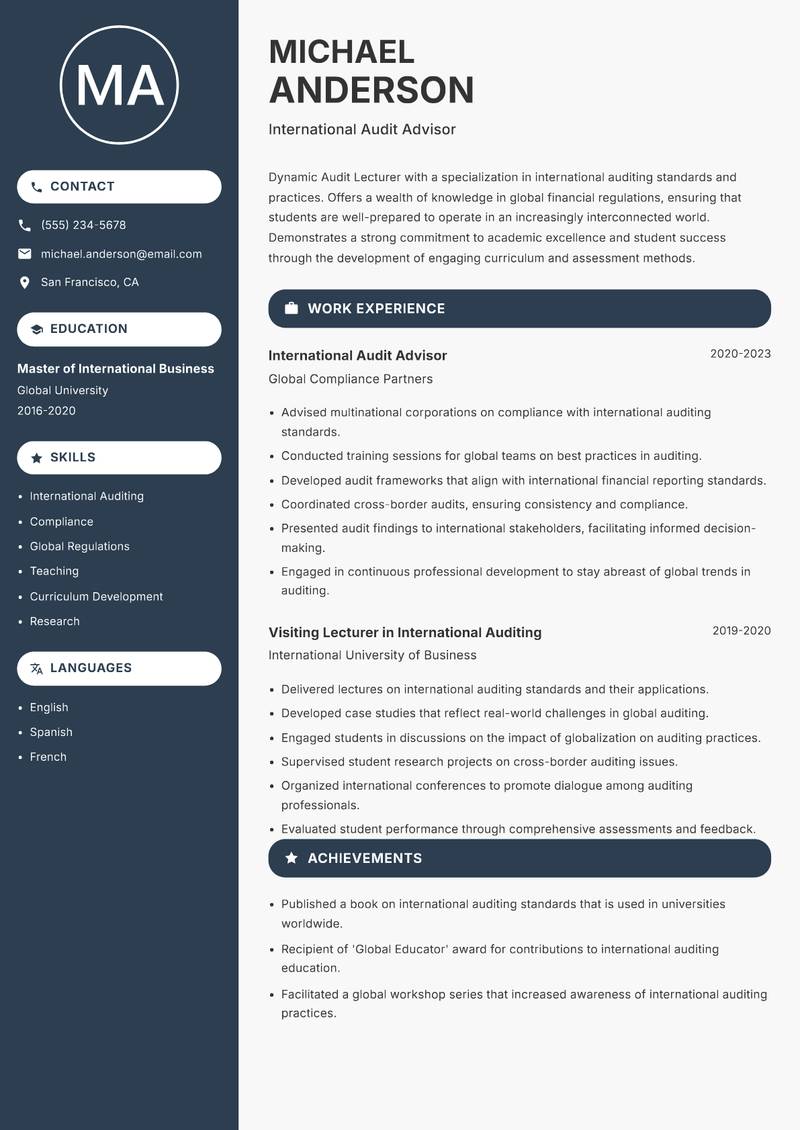 Audit Lecturer resume sample — International Audit Advisor focus