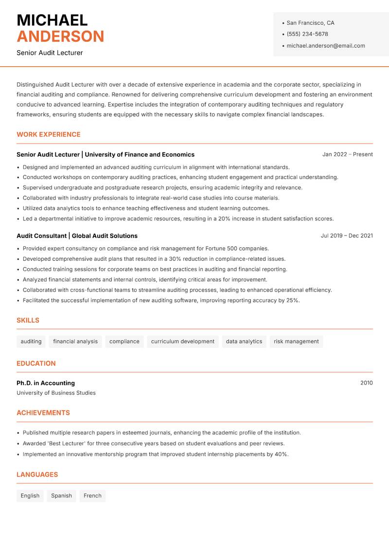 Audit Lecturer resume sample — Senior Audit Lecturer focus