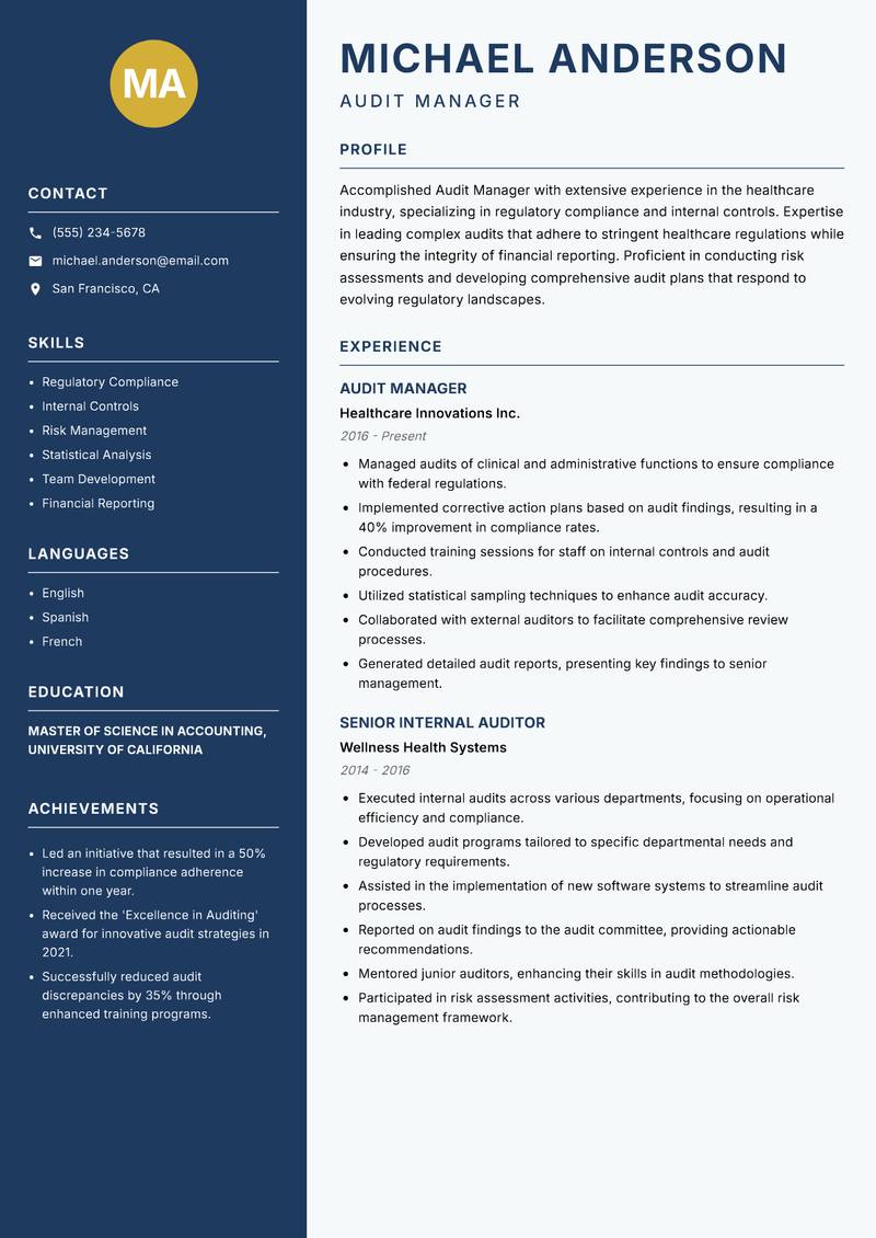 Audit Manager resume sample — Audit Manager focus