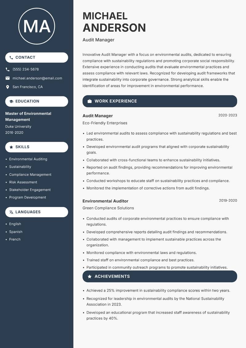 Audit Manager resume sample — Audit Manager focus