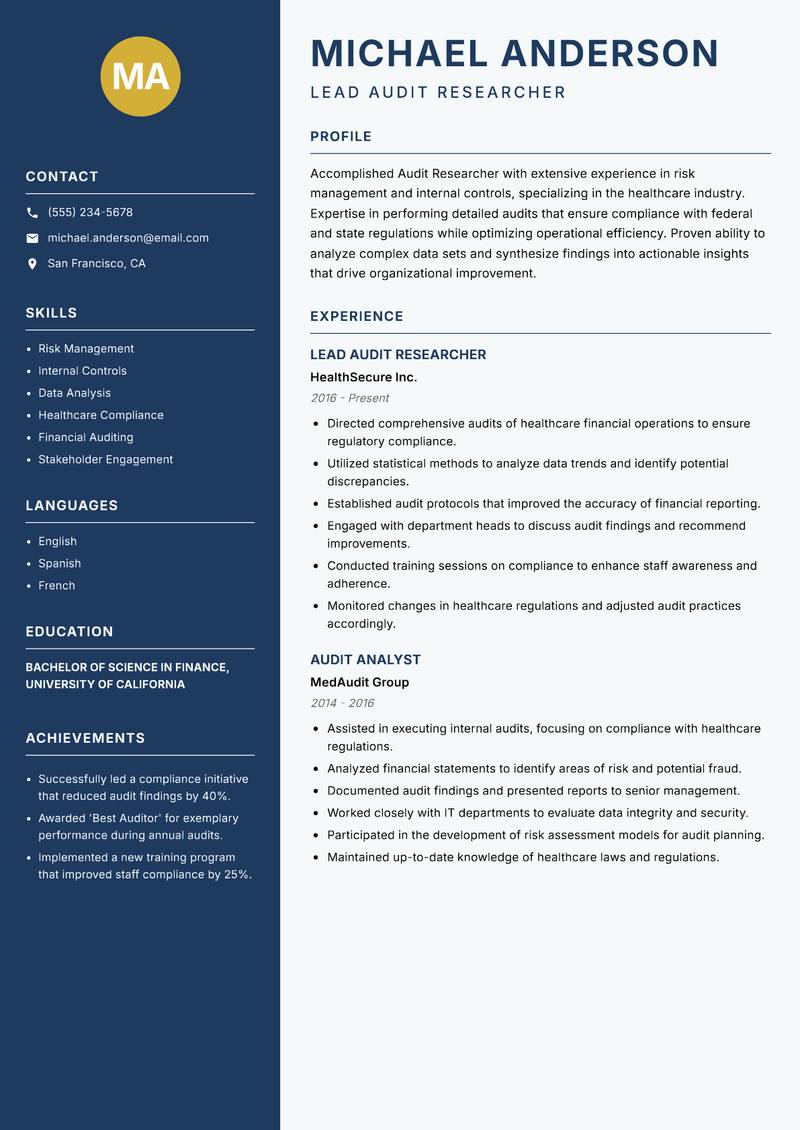 Audit Researcher resume sample — Lead Audit Researcher focus