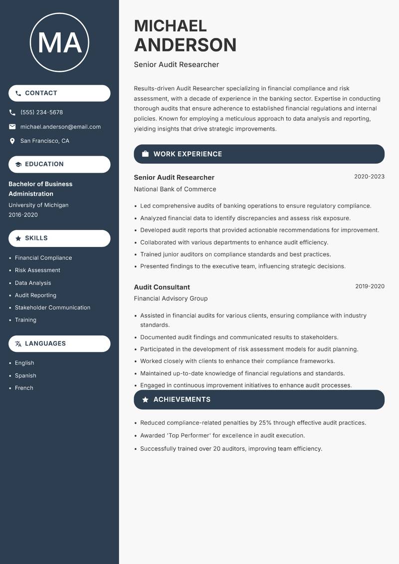 Audit Researcher resume sample — Senior Audit Researcher focus