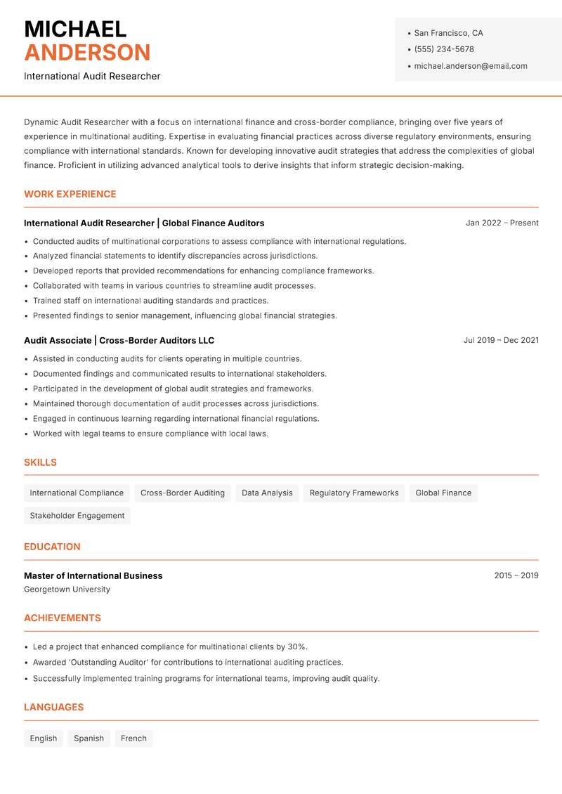 Audit Researcher resume sample — International Audit Researcher focus