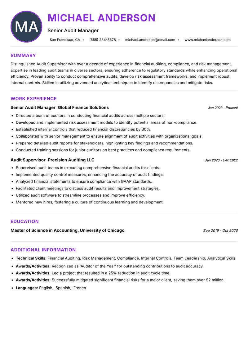 Audit Supervisor resume example